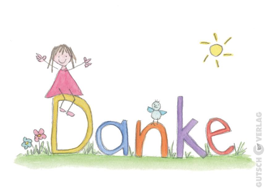 Ein Kind in einem rosa Kleid steht fröhlich auf bunten Buchstaben mit der Aufschrift „Danke“, im Hintergrund sind eine Sonne und Blumen zu sehen.