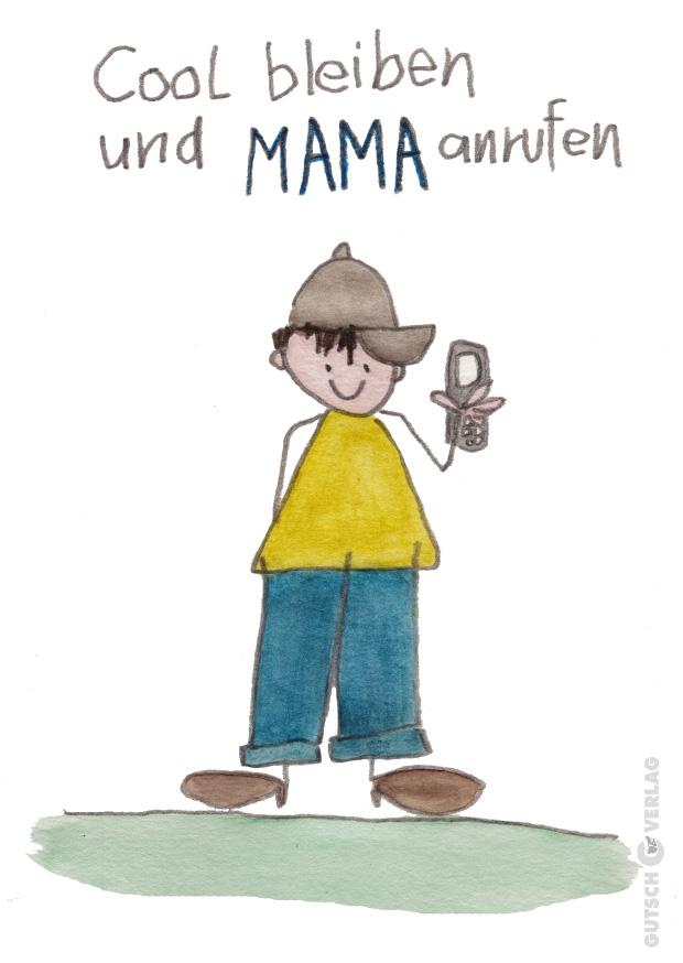 Ein Cartoon-Junge in gelbem Hemd und Mütze hält ein Telefon in der Hand und ermutigt, cool zu bleiben und Mama anzurufen.