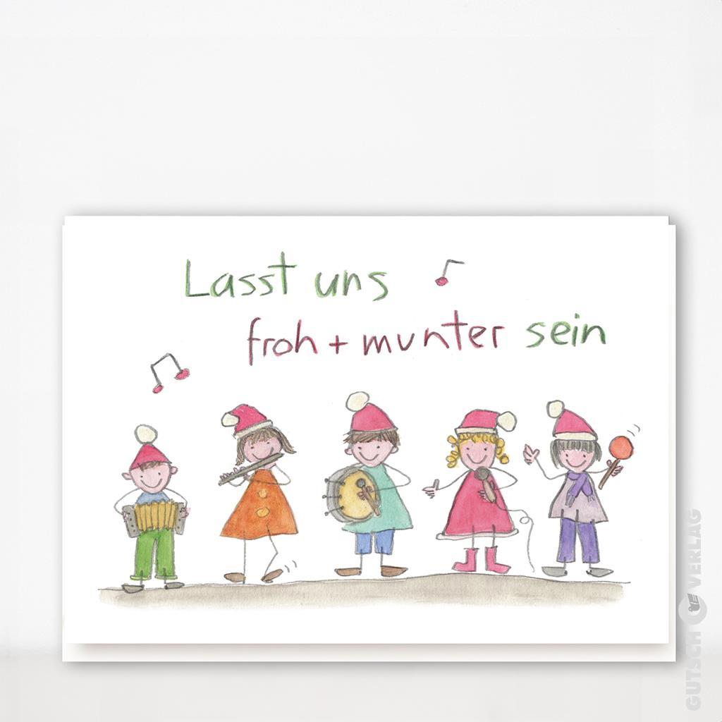 Eine farbenfrohe Illustration von Kindern, die Musikinstrumente spielen und freudig singen, was Glück und Spaß fördert.
