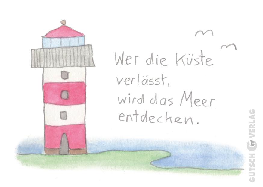Ein farbenfroher Leuchtturm am Meer mit einem Zitat über die Entdeckung des Ozeans jenseits der Küste.